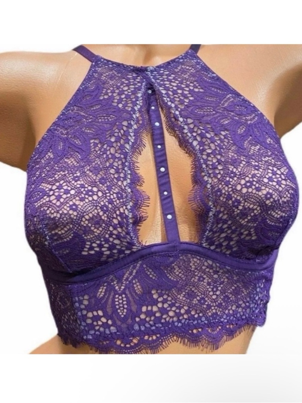 Victoria’s Secret Bra Very Sexy purple lace long line high neck pearls 36C‎